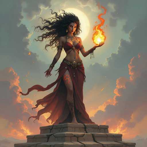 The image features a beautiful woman with long hair, dressed in traditional Indian garb. She is standing on a stone platform and holding an object that appears to be a fire ball or a flame. The scene takes place against the backdrop of a sunset sky filled with clouds, creating a dramatic atmosphere.