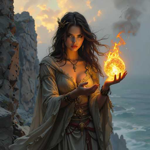 The image features a beautiful young woman dressed in an old-fashioned style, standing on the edge of a cliff overlooking the ocean. She is holding a glowing orb that appears to be made of fire or flames, adding a sense of mystery and power to her appearance. The combination of her attire and the fiery orb creates a captivating scene that evokes feelings of adventure and intrigue.