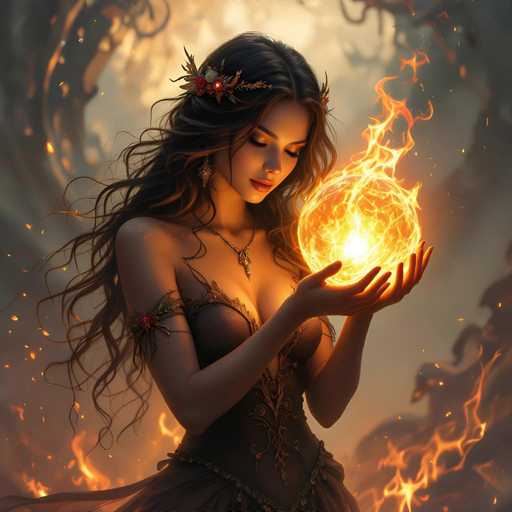The image features a beautiful young woman with long, dark hair who is holding a glowing ball of fire in her hands. She appears to be dressed in an elegant gown and has a crown on her head, which adds to the enchanting atmosphere of the scene. The background of the image consists of trees that create a sense of depth and provide a natural setting for this captivating moment.