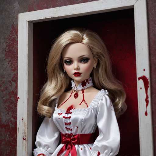 A blonde doll with red lipstick and a white dress is standing against a red wall with blood splatters on it. The doll has a red ribbon around her neck and a red bow on her head.