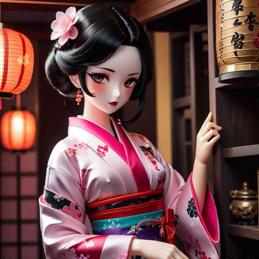 This image features a highly detailed, computer-generated depiction of a young woman, possibly a doll or an anime character, with distinctly Asian features. She has long, black hair styled in a bun adorned with a pink flower, and her face is characterized by large, expressive brown eyes, red lips, and a small nose. Her skin is very pale, and she wears a dangling earring on her right ear. She is dressed in a traditional kimono that is predominantly white with pink accents, including a pink collar and cuffs. The kimono is further embellished with intricate designs of flowers and leaves in shades of pink, blue, and black, and it is cinched at the waist with a red sash tied into a bow. The woman is standing in a room with a brown wall and a yellow door, and she is positioned next to a brown shelf. On the shelf, there is a golden vase with black writing and a small golden teapot. Additionally, two orange lanterns hang from the ceiling, adding to the room's ambiance.