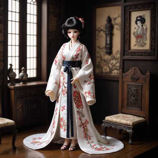 The image depicts a highly detailed, AI-generated doll of a Japanese geisha, standing in a traditional room. The geisha doll is adorned in a long, white kimono with intricate red and green floral patterns, and a dark blue obi sash tied around her waist. Her black hair is styled in a classic geisha updo, with a red and white flower accent on the left side. She wears red dangling earrings and black sandals. The doll's face is meticulously crafted, with a small mouth, red lips, and brown eyes.

The room around the doll is richly decorated with dark wooden furniture and intricate carvings. To the left of the doll, there is a wooden cabinet with vases on top and a chair with a white cushion. On the right side, there is a wooden bench with a white cushion and a framed picture of another geisha in a green kimono with a red obi. The background features a wooden wall with a hanging scroll depicting a tree branch with leaves. The floor is made of dark wood, and a window with a grid pattern is visible on the left side of the room. The overall ambiance of the room is dark, enhancing the detailed and ornate elements surrounding the geisha doll.