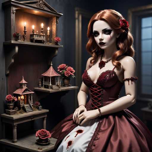 The image depicts a highly detailed, AI-generated doll of a gothic woman with long, wavy red hair adorned with a red rose. She has dark, heavy makeup, including black eyeshadow and lipstick, with a distinctive red streak running from her left eye. Her attire is a low-cut, maroon corset with red laces, revealing a white underdress stained with blood. The doll's arms are posed in front of her, and her black fingernails are visible. She sits on a wooden chair against a dark gray wall, with a gold-framed window to her right. To her left is a wooden shelf displaying various items: a small house with a red roof and stairs, a potted red rose, a larger house with a red roof and steps, a vase with two red roses, and a shelf above holding four lit candles in candlesticks, with additional red roses. The overall scene is richly detailed, emphasizing the doll's eerie and macabre aesthetic.