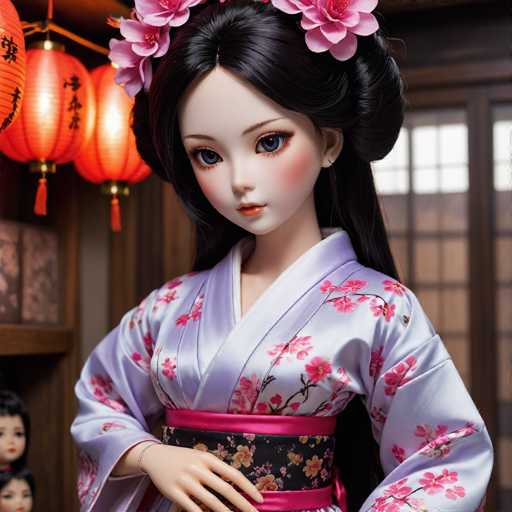 The image features a highly detailed, computer-generated doll with an Asian appearance. She has long, dark hair styled in a half-up, half-down fashion, with the top half elegantly pinned up. Adorning her hair are two large pink flowers, one on each side. Her face is characterized by large, expressive blue eyes, a small nose, and pink lips. She is dressed in a traditional kimono, predominantly white with pink floral patterns, and a black sash with pink accents tied around her waist. The doll's right hand is positioned in front of her waist, and she wears a bracelet on her wrist. The background includes a wooden wall with a window, and to the left, there are three red Chinese lanterns hanging from the ceiling. Additionally, there are two other dolls partially visible in the bottom left corner of the image.