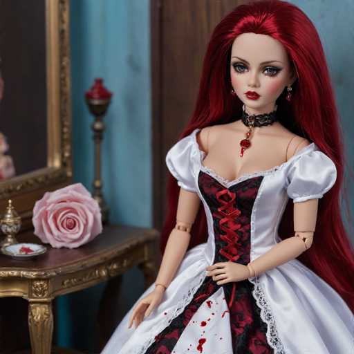 A doll with long red hair and a white dress is posed against a blue wall with a gold-framed mirror above it. The doll's outfit consists of a white dress with black lace trim and a red headpiece featuring a large pendant. A pink rose sits on the table next to the doll, and a small vase filled with flowers can be seen in the background.