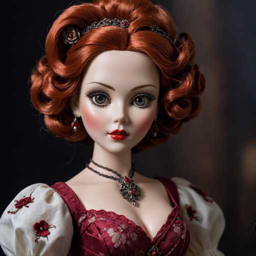 This image features a close-up of a doll with strikingly realistic features. The doll's face is predominantly white, with a slightly pinkish hue on the cheeks, and adorned with bright red lipstick. Her eyes are a captivating blue, framed by long eyelashes and thin eyebrows. The doll's hair is a vibrant red, styled in a curly fashion reminiscent of the 1920s. Atop her head, she wears a silver tiara embellished with red jewels, adding a touch of regal elegance. Her ears are adorned with dangling earrings that feature a red jewel and a silver ball. Around her neck, she wears a double strand of black beads, from which hangs a silver pendant with a red jewel. The doll is dressed in a red dress with a deep neckline, and the shoulders of the dress are white, adorned with red flowers. The background of the image is blurred, with a gradient from black on the left to a mix of brown and black on the right, ensuring that the focus remains entirely on the doll.