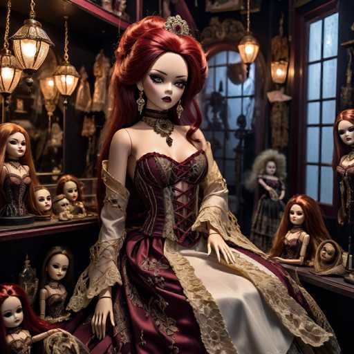 The image depicts a doll with long red hair and a red dress sitting on a bench surrounded by other dolls. The doll is wearing a tiara and has a regal appearance. The setting appears to be a shop or store filled with various dolls of different sizes and styles.