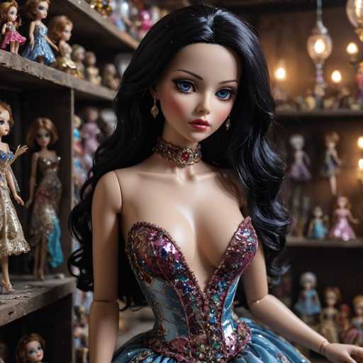 The image features a close-up of a doll with long, wavy black hair and striking blue eyes. She is adorned with a choker necklace that has a red jewel at its center, and she wears dangling earrings. Her dress is a low-cut, strapless gown that combines a blue skirt with a purple top, which is decorated with sequins and jewels. The doll's arms are posed at her sides, and her head is slightly tilted to the right. In the background, there are numerous other dolls displayed on shelves, each dressed in various outfits. The setting appears to be a dollhouse or a collection display, with a chandelier hanging from the ceiling, adding to the ambiance.