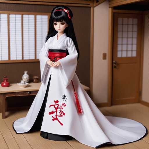 A captivating image features a doll with long, black hair adorned with bangs, styled into a ponytail. The doll's hair is intricately decorated with a red ribbon and a white flower. She has striking brown eyes and is dressed in a traditional Japanese kimono. The kimono is predominantly white with a black border along the bottom edge. A red sash, tied in a bow at the front, adds a touch of elegance, with a long red tassel hanging down the left side. The doll stands on a wooden floor, positioned in front of a brown wall. To her left, there is a small table displaying a red vase, a white vase, and a white bowl. Behind her, a brown door with a window featuring a grid pattern of small squares is visible. The scene is set in a room that exudes a serene, traditional Japanese ambiance.