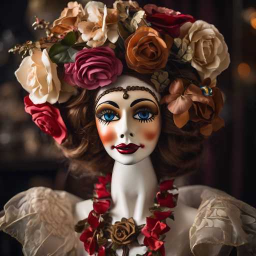 The image depicts a highly detailed and realistic mannequin head, possibly AI-generated, with a distinctly artificial appearance. The mannequin features a white face with striking blue eyes, black eyebrows, and red lips. Its cheeks are adorned with red blush, and it wears a brown headband with a central jewel. The head is topped with an elaborate bouquet of flowers, including red roses, white roses, and brown roses, with green leaves interspersed. The mannequin's neck is long and slender, and it is dressed in a white gown with puffy shoulders. A red rose necklace further embellishes the ensemble. The background is blurred, with indistinct brown and black hues, and a few orange lights are visible on the right side.