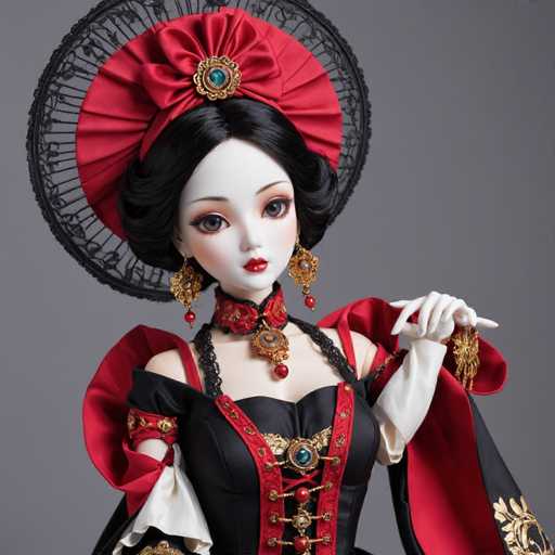 The image shows a doll with striking features and attire. The doll has black hair styled into an elegant updo, wearing a red headpiece adorned with gold accents that matches the color of her dress. She is dressed in a black and white outfit with intricate details, including a corset and a parasol. The doll's face is painted on, adding to her regal appearance. The doll stands against a gray background, which contrasts with her vibrant red hair and attire.