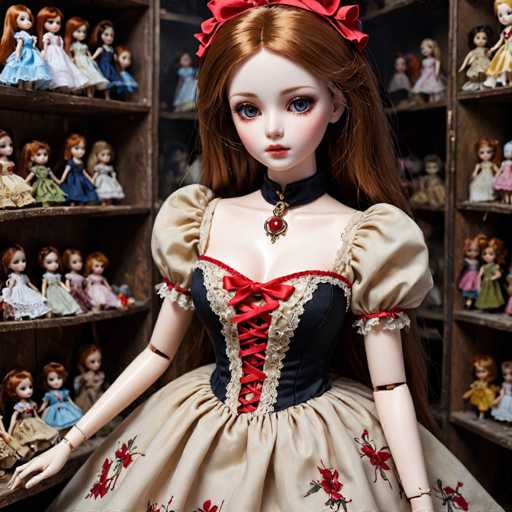 This image features a highly detailed, realistic doll with long, reddish-brown hair that cascades down her back. She has striking blue eyes and is adorned with a black choker necklace that has a red pendant. The doll is dressed in an elaborate, Victorian-style gown that is black with red accents, including a red bow at the top and red lacing down the front. The dress has puffy sleeves and a full skirt that is beige with red floral patterns. She stands in the center of the image, with her arms slightly outstretched to her sides. Behind her, there are wooden shelves filled with numerous smaller dolls, most of which have red hair, though a few have brown hair. The setting appears to be a dollhouse or a display area dedicated to collectible dolls.