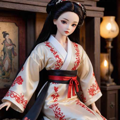 The image features a highly detailed, realistic doll with long black hair styled in a traditional Japanese fashion. She is dressed in a cream-colored kimono adorned with red floral patterns, and a black and red sash tied around her waist. The doll's face is intricately painted with blue eyes, red lips, and a touch of blush, giving her a lifelike appearance. She is seated in a room with a wooden background, which includes a shelf displaying a painting of another woman in a kimono. To the right of the doll, there is a wooden cabinet with two lit lanterns, adding a warm glow to the scene. The overall composition suggests a blend of traditional Japanese elements and modern craftsmanship, creating a captivating and serene atmosphere.