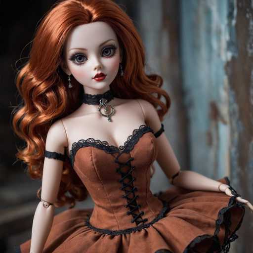 A doll with long red hair and a brown dress is posed against a blue wall. The doll has a black necklace around her neck and a black belt cinched at the waist.