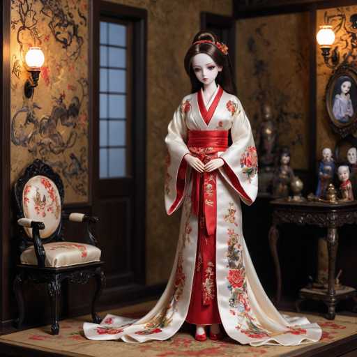 The image depicts a doll wearing an ornate red and white kimono with intricate floral patterns, standing on a wooden floor against a backdrop of a dark room with gold wallpaper. The doll is positioned in front of a window that allows natural light to enter the space, creating a serene atmosphere.