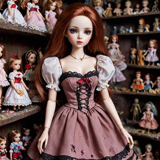 The image depicts a highly detailed, AI-generated doll with long, reddish-brown hair cascading down to her waist. She has striking blue eyes, a small nose, and full lips adorned with red lipstick. The doll is dressed in a Victorian-style dress featuring a black lace bodice, a red bow at the neckline, and a corset-like lacing up the front. The dress is a purplish-pink color with white puffy sleeves and black lace trim at the bottom. She also wears a delicate necklace with a small pendant. The doll's arms are bent at the elbows, with her hands resting by her sides. Surrounding her are numerous other dolls, all with similar reddish-brown hair, displayed on shelves in the background.
