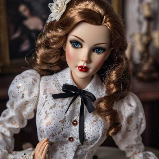 This image features a close-up of a doll with strikingly realistic features. The doll's face is meticulously detailed, with lifelike skin texture, expressive blue eyes, and carefully applied makeup including blush and red lipstick. Her hair is a beautiful reddish-brown, styled in soft curls that frame her face. She is dressed in a white lace dress adorned with a black bow at the collar and brown buttons down the front. The doll's right hand is raised, with her fingers slightly curled, adding to her lifelike appearance. The background is blurred, but a painting of a woman in a black dress can be seen on the wall, along with a table that holds a candelabra, adding to the elegant setting.