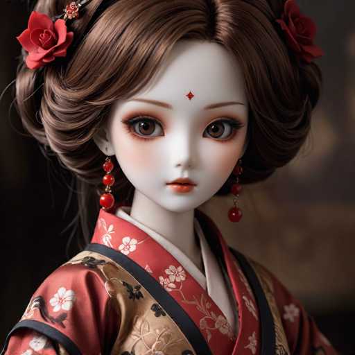 This image features a highly detailed, computer-generated doll with an ethereal appearance. The doll's skin is exceptionally pale, almost giving it a porcelain-like quality. She has striking brown eyes and a small, delicate nose. A red diamond shape adorns her forehead, adding a touch of mystique to her look. Her lips are painted a soft pink, complementing her overall delicate features.

Her hair is styled in an intricate updo, with a few strands cascading down her back. Two red roses are elegantly positioned on either side of her head, framing her face beautifully. She wears red, dangling earrings that add a touch of color and sophistication to her ensemble.

The doll is dressed in a traditional kimono, which is predominantly red with black trim. The kimono is adorned with intricate designs of white flowers and black birds, adding to the overall elegance of her appearance. The background of the image is a muted gray, which helps to highlight the doll's striking features and detailed attire.