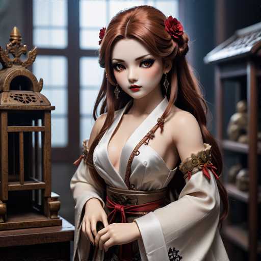 The image depicts a highly detailed, computer-generated anime-style female character. She has long, reddish-brown hair adorned with red flowers and wears a white kimono with a low-cut neckline, revealing some cleavage. The kimono features a brown belt with a red tie and a brown strap running down the front. Her arms are decorated with gold armbands, and she has long, sharp fingernails. The character's face is characterized by large, expressive brown eyes, red lips, and a small nose. She is standing in a room with a window behind her, through which light is streaming. To her left is a wooden table with a brown, ornate lamp, and to her right is a shelf holding various brown objects. The overall scene is set in a well-lit room with a blue wall in the background.
