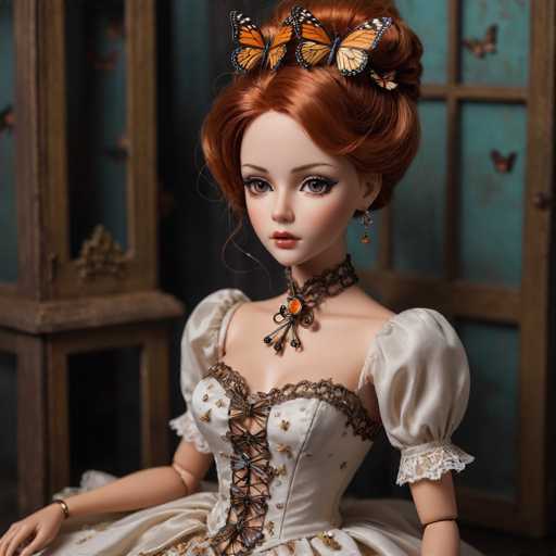 A doll with red hair and a white dress is seated on a wooden chair against a blue wall adorned with butterflies. The doll wears an ornate necklace and earrings, and the background features a window with butterfly motifs.