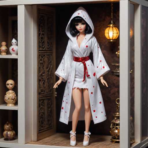 The image depicts a detailed scene centered around a doll positioned in the middle of a glass display case. The doll, which has black hair and is dressed in a white kimono adorned with red flowers and a red sash around the waist, stands on a wooden floor. She is wearing white shoes and has her arms outstretched. The background features a brown wall with a light fixture hanging down, casting a warm glow over the scene. To the left of the doll, there are three shelves displaying various figurines, including a white bird, a white bowl with a red flower, a brown head with a brown body, and a brown ball. On the right side of the doll, there is a golden lantern and a brown door with intricate designs. The overall setting appears to be a meticulously arranged display, possibly in a museum or a store, with a color palette that includes shades of brown, white, red, and gold.