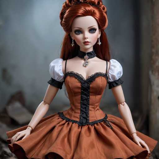 This image features a highly detailed, realistic doll with striking features. The doll has vibrant red hair styled in an elaborate updo, with some strands cascading down her back. Her large blue eyes are accentuated by long eyelashes and thin eyebrows, while her full lips are painted a bold red. She wears elegant silver earrings that dangle from her ears.

Her attire is reminiscent of a Victorian-era dress, characterized by a corset-like top with black lace trim and a central lacing up the front. The dress is a rich brown color, with white puffy sleeves that are trimmed in black. Around her neck, she sports a black choker adorned with two silver medallions. The doll's arms are positioned at her sides, and she appears to be holding the skirt of her dress, which flares out in a circular shape, revealing more of the intricate black lace detailing at the bottom. The overall appearance of the doll is both captivating and meticulously crafted, blending elements of historical fashion with modern realism.