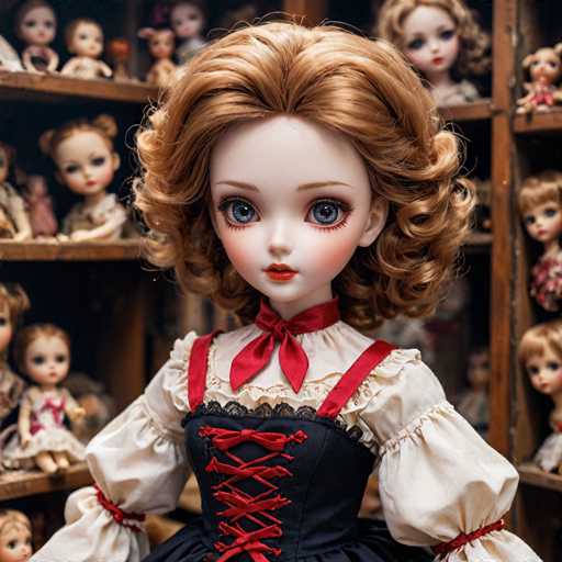 A doll with blonde hair and blue eyes is standing against a backdrop of other dolls on wooden shelves. The doll has a red ribbon tied around her neck and a black dress with white lace trim.