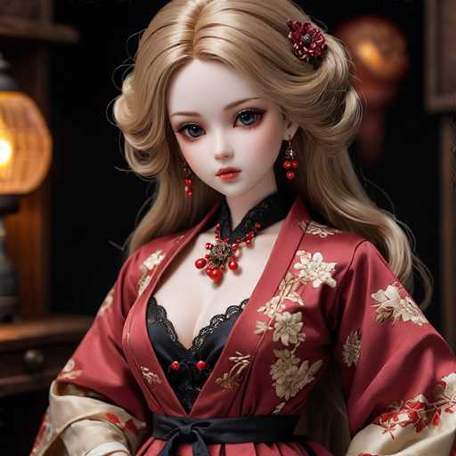 A doll with blonde hair wearing a red and gold kimono and a black lace collar is the main subject of this image. The doll has a red flower on her head and is positioned in front of a wooden shelf against a dark background.