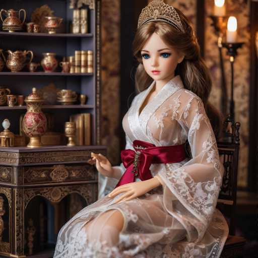 The image depicts a highly detailed, realistic-looking doll with long brown hair styled in a ponytail. She is seated in a dark brown wooden chair, facing slightly to the left. The doll is adorned in a sheer white robe with intricate lace detailing, featuring a prominent red sash tied around her waist. Her blue eyes and pink lips add to her lifelike appearance. On her head, she wears a delicate tiara or crown. The background includes a blue bookshelf filled with various items, such as books, vases, and possibly candlesticks. To the right of the doll, there is a lit candle on a candlestick, adding a warm glow to the scene. The overall setting suggests a refined, elegant room, possibly a living room or a parlor, with the doll as the central focus.