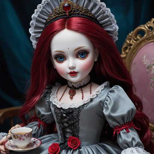 This image features a highly detailed, AI-generated doll with strikingly realistic characteristics. The doll's skin is an almost unnaturally smooth, pale white, accentuated by a subtle blush on her cheeks and vivid red lips. Her large, expressive blue eyes are framed by long, dark eyelashes, and her eyebrows are a light brown shade. Her hair is a vibrant red, cascading down to her waist in long, wavy strands. Atop her head sits an ornate crown, adorned with a prominent red jewel at its center.

The doll is dressed in an elaborate gray gown, featuring intricate lace details around the neckline and a corset-like front. The dress is further embellished with two red roses near the bottom. Around her neck, she wears a choker necklace with a red jewel, complemented by a longer necklace that also sports a red jewel.

In her hands, she holds a teacup and saucer, both decorated with floral designs. The teacup contains a small amount of brown liquid, possibly tea. The background of the image is a rich blue, and to the right, there is a pink object with a gold frame, adding to the overall luxurious and detailed setting.