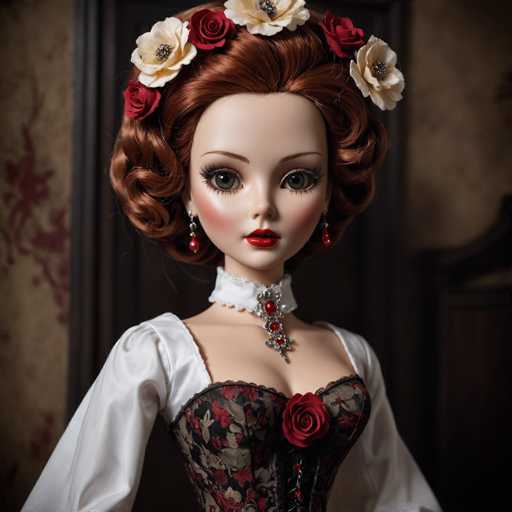 A doll with long red hair styled in an updo and wearing a corset is the main subject of this image. The doll has a white dress adorned with black lace and red roses on her head, and she is standing against a brown wall backdrop.