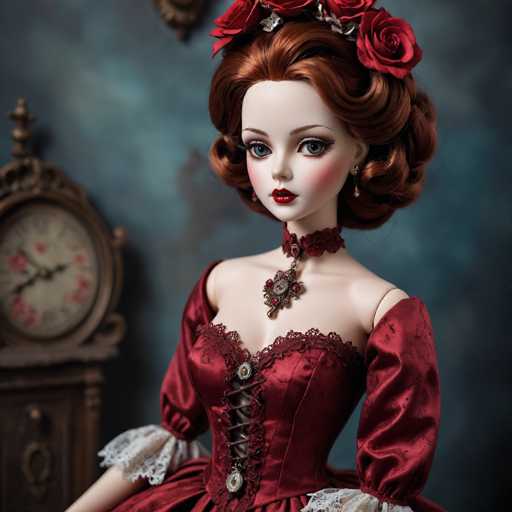 The image features a striking doll with an intricate design. The doll's face is predominantly white, with a slightly elongated shape. Its eyes are a captivating blue, framed by black eyelashes and eyebrows. The doll's lips are painted a vivid red, and its cheeks are adorned with a soft pink blush. The doll's hair is a rich brown, styled into a voluminous, curly updo that adds to its elegant appearance.

The doll is dressed in a luxurious red outfit. The top part of the dress is low-cut, revealing a hint of cleavage. The dress is accentuated with brown laces that crisscross the front, adding a touch of sophistication. The shoulders of the dress are off-the-shoulder, with the left shoulder being more prominently visible. The sleeves of the dress are long and flowing, adding to the doll's regal look.

The background of the image is a muted gray, which helps the doll's vibrant colors stand out. To the left of the doll, there is a clock with a brown frame, adding a touch of vintage charm to the scene. The overall composition of the image highlights the doll's detailed craftsmanship and elegant design.
