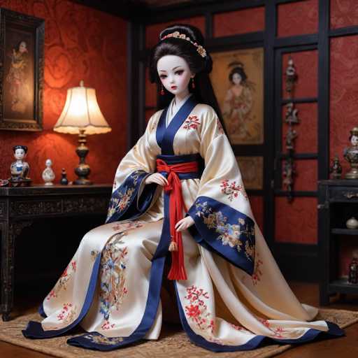 A doll is seated on a brown rug with a red and blue floral patterned tablecloth underneath her. The doll wears a traditional Chinese dress with a blue and white floral design, a red sash around her waist, and a gold headpiece. A black lamp stands next to the doll's chair in front of a painting on the wall behind it.