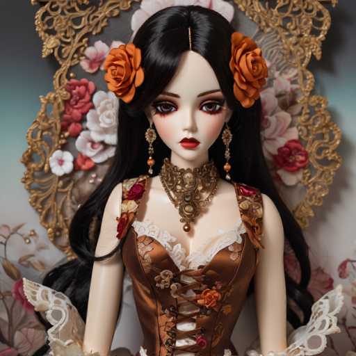 The image shows a doll with long black hair and brown eyes wearing an ornate dress with white lace sleeves and gold accents. The doll is positioned against a backdrop of pink flowers and a gold frame.