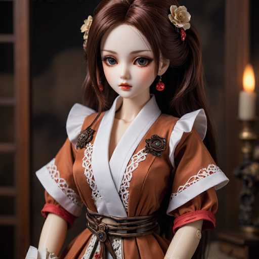 This image features a highly detailed, computer-generated doll with a distinctly anime-inspired appearance. The doll has large, expressive eyes and a small, delicate mouth, giving her a charming and endearing look. Her hair is styled in pigtails, adorned with white flowers that have red beads hanging from them, adding a touch of whimsy and color. She is dressed in a brown kimono with white trim, which is cinched at the waist with a brown belt. The kimono is further embellished with intricate white lace details and two brown flowers on the chest, enhancing its traditional aesthetic. The doll's arms are posed in front of her, and her skin is a very pale white, contrasting beautifully with her vibrant attire. The background is slightly blurred, but a lit candle can be seen on the right side, adding a warm, cozy ambiance to the scene.