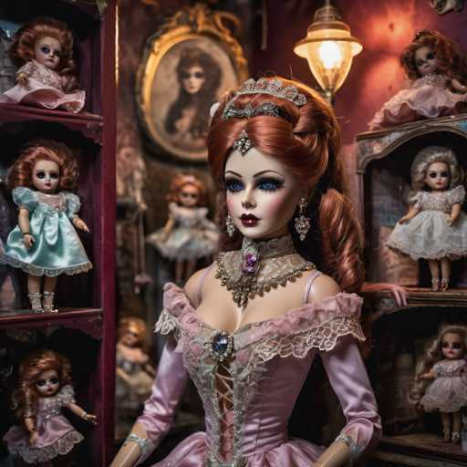The image depicts a highly detailed, AI-generated doll with striking features. She has vibrant red hair styled in an elaborate updo, adorned with a tiara and a headband. Her face is accentuated with heavy makeup, including blue eyeshadow and red lipstick. She is dressed in a pink gown with intricate lace details and a corset-like bodice, which is laced up the front. The doll's eyes are a vivid blue, and she wears large, dangling earrings. Surrounding her are numerous other dolls, all with similar red hair and dressed in various colored gowns. The background features a framed portrait of a woman with long, dark hair, adding to the eerie atmosphere of the scene.