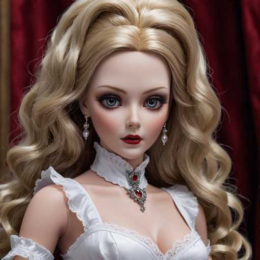 This image features a close-up of a doll with an uncanny, almost artificial appearance. The doll's face is strikingly realistic, with a smooth complexion and a delicate nose. Her eyes are a captivating blue, framed by long eyelashes and thin eyebrows. The doll's lips are painted a deep red, adding to her lifelike allure. She is adorned with elegant earrings that dangle from her ears, and a necklace featuring two red jewels that accentuate her neck. The doll is dressed in a white nightgown, which complements her overall ethereal look. Her long, wavy blonde hair cascades down, adding to her realistic appearance. However, upon closer inspection, there is a subtle hint of something off about her face, suggesting that she might be a creation of artificial intelligence.