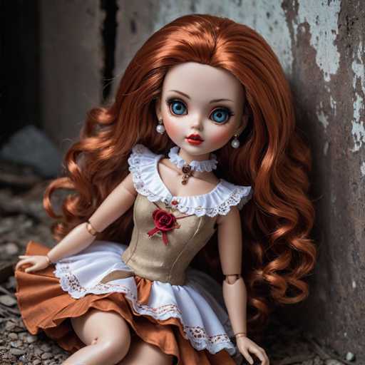 This image features a highly detailed, AI-generated doll with strikingly realistic characteristics. The doll has long, wavy red hair cascading down to her waist, and her large blue eyes are accentuated by long eyelashes. Her lips are painted a vivid red, and she wears delicate pearl earrings. Around her neck is a choker adorned with a small pendant. The doll is dressed in a tan top with a white lace collar and a red rose embellishment on the chest. Her skirt is a combination of white and orange, with a white lace trim at the bottom. The doll's arms and legs are articulated, allowing for various poses. She is seated on a rocky surface against a backdrop of a gray, weathered wall, adding a rustic charm to the scene.
