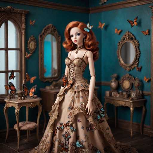 In this captivating image, a doll with long, curly red hair adorned with a blue butterfly clip stands gracefully in the center of a room. She is dressed in a beige corset-style dress, intricately laced up the front, and embellished with blue and orange butterflies. The doll's face is delicately painted, featuring blue eyes, a small nose, and red lips. Her arms are positioned at her sides, and her dress flares out elegantly at the bottom.

The room around her is a vibrant tapestry of colors and details. The walls are painted a rich blue, complemented by a brown wooden baseboard. The floor is a warm brown wood, adding a touch of natural elegance to the space. To the left, a large window with a brown frame allows light to filter in, illuminating the room. Below the window, a small brown table holds a few indistinct items, adding to the room's lived-in feel.

On the right side of the image, a brown table is adorned with various objects, including a clock and a few other decorative pieces. Above this table, a mirror with a brown frame hangs on the wall, reflecting the room's charm. The upper portion of the wall is adorned with a few butterflies, adding a whimsical touch to the decor.

The doll stands on a brown wooden floor, her dress's hemline just grazing the surface. The overall scene is a harmonious blend of colors and textures, creating a warm and inviting atmosphere that perfectly complements the doll's elegant presence.