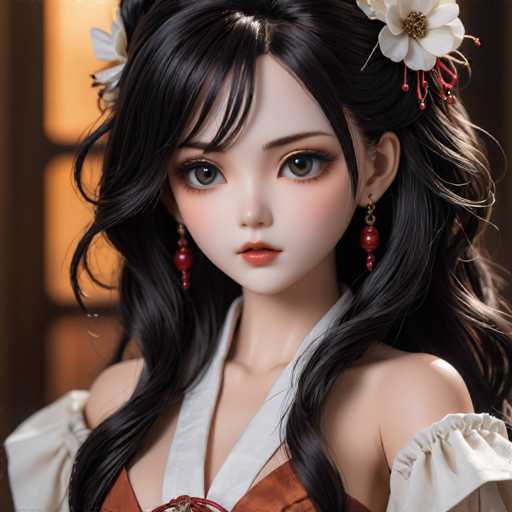 This image features a highly detailed, computer-generated depiction of an anime-style female character. She has long, wavy black hair adorned with white flowers, each flower having a golden center and red beads dangling from the stems. Her large, expressive brown eyes are framed by long eyelashes, and her small, delicate nose and red lips add to her captivating appearance. She wears dangling red earrings that complement her outfit, which consists of a white blouse with puffy sleeves and a red dress. The character's pale skin contrasts beautifully with her vibrant attire. The background is blurred, with a hint of a window and a yellowish light, suggesting an indoor setting. The overall image is square-shaped, focusing entirely on the character's face and upper body.