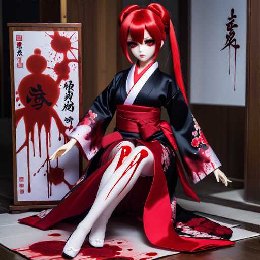 This image features a meticulously detailed anime-style drawing of a young girl with striking red hair. Her hair is styled into two buns on either side of her head, with a long ponytail cascading down the right side. She has large, expressive red eyes and is dressed in a traditional kimono. The kimono is predominantly black with a white collar and a red sash cinched around her waist. The sleeves of the kimono are adorned with delicate pink flowers, and the skirt features a red pattern that appears to be blood, extending to her white stockings and shoes. The girl is seated on a white mat, which also has red splatters that resemble blood. To her left, there is a wooden sign with a white background, displaying a red circle with black Japanese characters and additional black text on the right side. The background includes a brown wall and a white paper with more black Japanese characters on the right side. The overall composition is both intricate and haunting, blending traditional elements with a macabre twist.