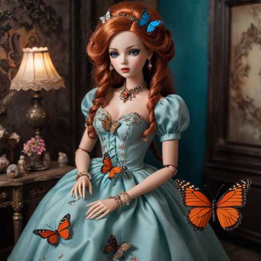 A doll with red hair and a blue dress is seated at a table surrounded by butterflies of various sizes and colors including orange, yellow, green, and purple. The doll's hands are gently holding the butterflies as she gazes directly into the camera.
