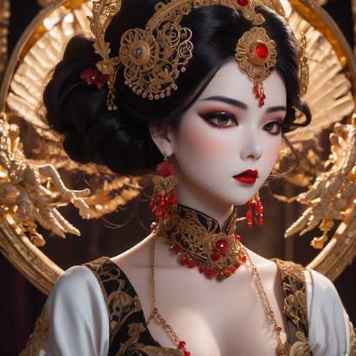 This image features a strikingly beautiful woman with an ethereal appearance. Her skin is exceptionally pale, almost giving her a mannequin-like quality, and her lips are painted a vivid red. She has captivating gray eyes and is adorned with elaborate jewelry. A prominent red jewel sits at the center of her forehead, complemented by a gold headpiece that extends from the top of her head down to her forehead. Her black hair is styled in an intricate updo, with a large bun at the back and a few strands elegantly framing her face.

Her earrings are long and ornate, featuring red jewels and gold accents. Around her neck, she wears a thick, elaborate necklace that is also adorned with red jewels and gold elements. Her dress is equally stunning, with a black and gold design that includes a white section on the shoulder. The dress is low-cut, revealing a hint of cleavage.

The background of the image is a dark brown, which contrasts beautifully with her attire and the gold accents. Behind her head, there is a large, ornate gold circle with intricate designs, adding to the overall grandeur of the scene. The combination of her pale skin, red lips, and gold jewelry creates a striking visual impact, making her appear almost otherworldly.