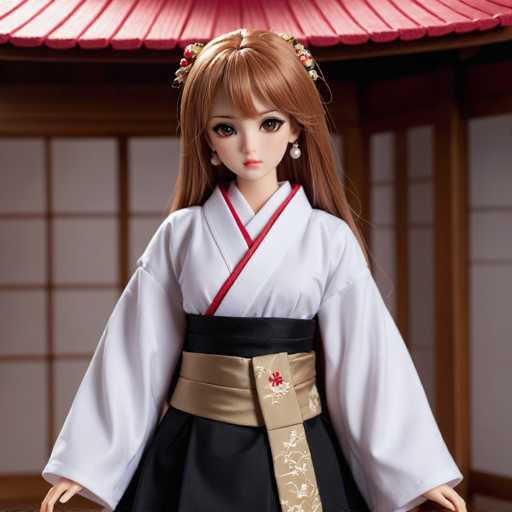 The image features a highly detailed, realistic doll that appears to be AI-generated. The doll has long, reddish-brown hair adorned with a floral barrette at the top. Her large, expressive brown eyes are accentuated with long eyelashes, and she has a small, delicate nose and mouth. She is dressed in a traditional Japanese kimono, which is predominantly white with a red collar and a black sash around her waist. A gold sash with intricate floral designs and a red flower at the top adds further elegance to her attire. The doll's hands are visible, with her right hand showing four fingers and her left hand showing three fingers. The background is slightly blurred, revealing a structure that resembles a Japanese house with a red roof and white walls, adding to the cultural context of the scene.