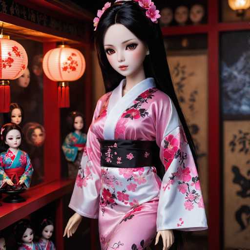 The image depicts a meticulously crafted doll, likely of Asian descent, adorned in traditional attire. She wears a pink kimono embellished with intricate floral patterns, featuring a white section on the left side of her chest and a black obi belt with pink floral accents. Her long, flowing black hair is adorned with pink flowers, and her large, expressive brown eyes are highlighted with black eyeliner. Her lips are painted a soft pink, adding to her delicate appearance. The doll's pale complexion is accentuated by a touch of pink blush on her cheeks.

In the background, a red shelf holds several other dolls, each dressed in traditional kimonos of various colors, including blue, pink, and green. The shelf is decorated with two white lanterns featuring red floral designs and red tassels. Additionally, there are more dolls positioned on the floor behind the main doll, adding depth to the scene. The backdrop includes a wall with a red frame and a brown section adorned with black writing, contributing to the overall traditional aesthetic of the setting.