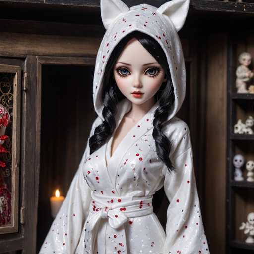 The image features a striking doll with long, black hair styled into two braids that cascade over her shoulders. She is adorned in a white bathrobe, which is cinched at the waist with a matching white belt. The robe is decorated with red and black dots, adding a touch of whimsy to her appearance. Her face is characterized by large, expressive blue eyes, a small nose, and red lips, giving her a lifelike yet slightly eerie expression. Atop her head, she wears a hood that is white with red dots, and it is adorned with cat ears, adding a playful element to her look.

The doll is positioned in front of a wooden cabinet, which has an open door revealing a white candle inside. To the right of the doll, there is a shelf displaying various figurines. The top shelf holds a small white figurine, while the second shelf features a white skeleton head. The third shelf displays a white figurine with a round head, and the bottom shelf contains another white skeleton head. The overall scene is both intriguing and slightly mysterious, with the doll as the central focus.