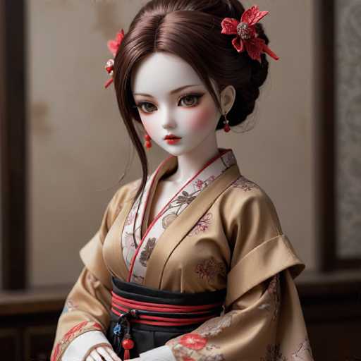 A doll with long brown hair and a red flower on her head is the main subject of this image. She is dressed in traditional Japanese clothing that includes a kimono with a floral pattern and a matching skirt. The doll's face features a pair of large eyes and a small nose, giving her a striking appearance.