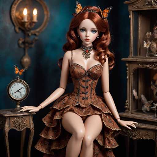 The image depicts a highly detailed, AI-generated doll with long, curly red hair adorned with two monarch butterflies. The doll has striking blue eyes and is dressed in a corset-style top with a short skirt, revealing her legs. She wears a choker necklace with a red jewel and a crown-like headpiece. The doll is seated on a wooden chair, with her left hand resting on the armrest and her right hand on a small, ornate wooden table. On the table sits a pocket watch with a monarch butterfly perched on top. The background features a dark blue wall with a candelabra holding two white candles, and to the right, there is a wooden cabinet displaying various figurines and butterflies. The overall scene exudes a Victorian aesthetic, blending elements of fantasy and elegance.