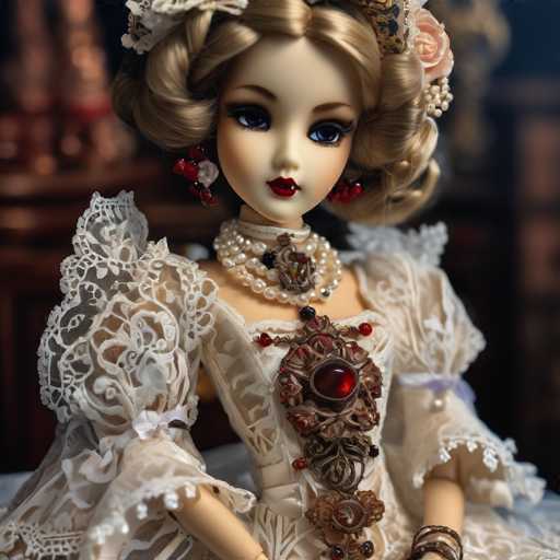 This image features a close-up of a highly detailed, realistic-looking doll with blonde hair styled in an elaborate updo. The doll's hair is adorned with a pink rose and a gold and black headpiece. She has striking blue eyes, red lips, and is wearing red and white earrings. Her attire is a Victorian-style dress made of white lace, with puffy sleeves that are cut off at the elbows. The dress is intricately decorated with a large, ornate brooch on the chest, featuring a red gemstone surrounded by gold and brown accents. She also wears a multi-layered pearl necklace with a prominent central gemstone. The doll's pale skin contrasts with the dark, blurred background, which hints at a wooden surface or cabinet.