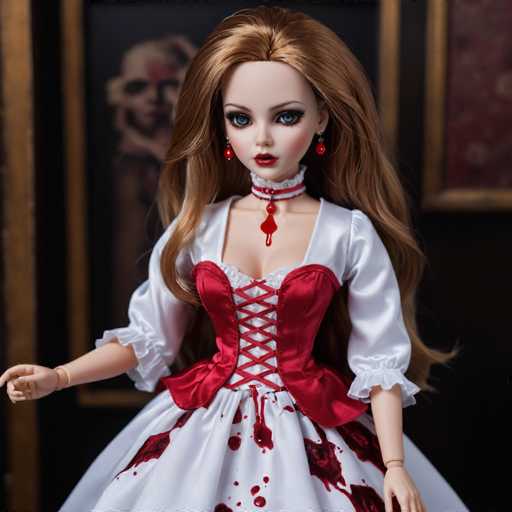 The image features a striking doll with long, flowing brown hair cascading past her shoulders. Her large, expressive blue eyes are accentuated by long eyelashes, and her lips are painted a bold red. She is adorned with red earrings and a choker that features a prominent red pendant. The doll is dressed in a white gown with puffy sleeves that extend to her elbows, and the dress is cinched at the waist with a red corset laced up in the front. The skirt of the dress is white, embellished with red splotches that resemble blood stains. In the background, there is a blurred painting of a woman with a red face, adding an eerie atmosphere to the scene.
